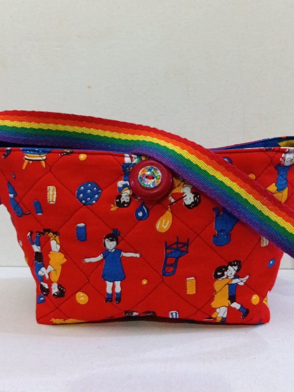 Children's Artisan Quilted Purse Tote Set, Vintage Motif Fabrics, Buttons, Robot
